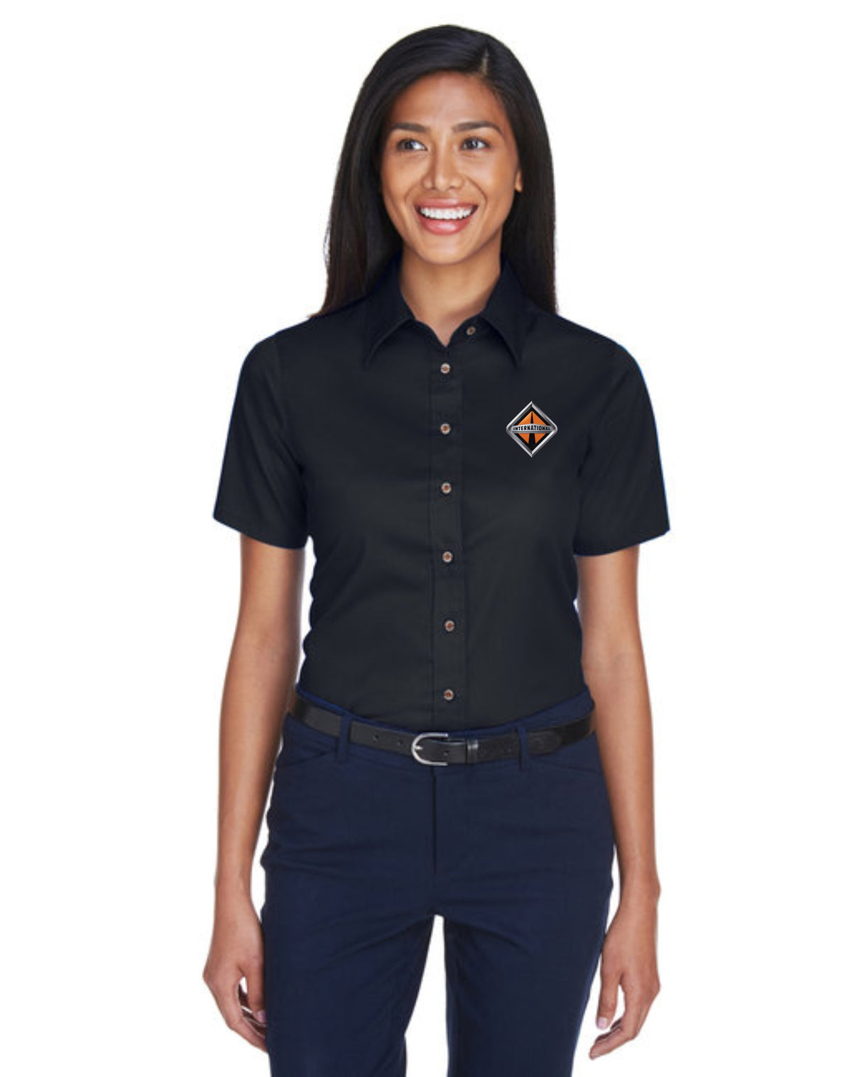 Border International Diamond Logo Ladies' Easy Blend™ Short-Sleeve Twill Shirt with Stain-Release