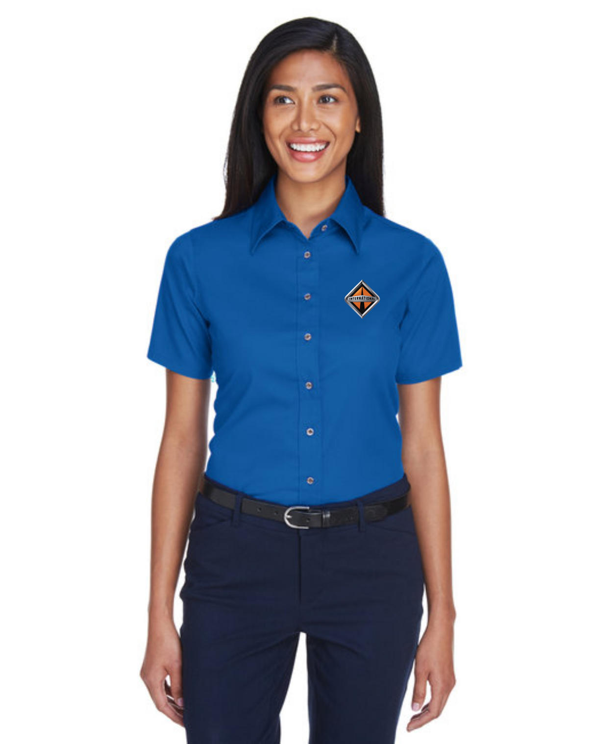 Border International Diamond Logo Ladies' Easy Blend™ Short-Sleeve Twill Shirt with Stain-Release