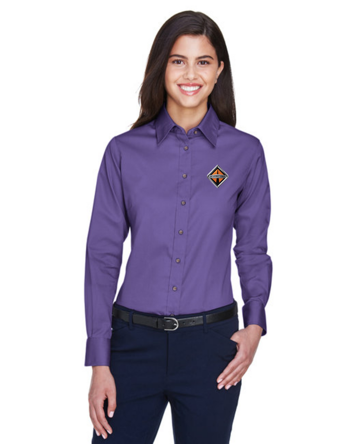 Border International Diamond Logo Ladies' Easy Blend™ Long-Sleeve Twill Shirt with Stain-Release